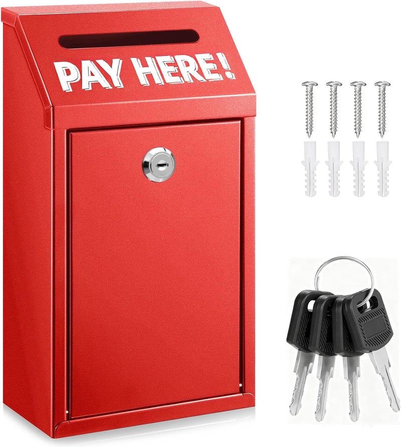 Hualleko Cash Money Box with Slot – 10.2In Metal Donation Box with Lock for Cash Deposit,Wall Mounted Money Drop with Lock and Slot for Home/Farm/Office/Outdoors(Red) - Image 1